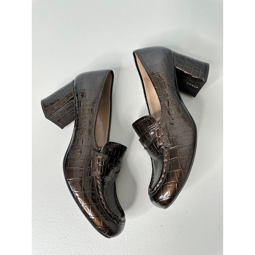 Tahari Leslie Loafer Pumps Sz 9M Bronze Croc Embossed Block Heel Patent Leather